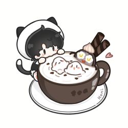  1boy animal_ears black_hair blush_stickers brown_eyes cat_boy cat_ears cat_tail character_request check_character check_copyright chibi chibi_only chinese_commentary coffee coffee_mug commentary_request copyright_request cup food full_body hat heart highres male_focus marshmallow mug real_life saucer short_hair simple_background solo tail wafer_stick white_background white_hat yi_zhi_miehaha zhou_shen 