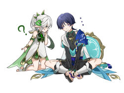  ... 1boy 1girl ? anklet arm_at_side armlet armor black_bodysuit black_bridal_gauntlets black_hair black_sandals black_shorts bloomers blue_cape blue_gem blue_hat blue_jingasa blue_kimono blue_sleeves blunt_ends bodysuit bow bridal_gauntlets bright_pupils cape choppy_bangs closed_mouth commentary_request covered_collarbone covering_own_mouth cross-shaped_pupils detached_sleeves dress eyelashes eyeliner feathers furisode gem genshin_impact gold gold_ring gold_trim gradient_hair green_cape green_eyes green_hair green_sleeves hair_ornament hakama hakama_shorts hand_over_own_mouth hand_up hands_on_feet hat indian_style japanese_armor japanese_clothes jewelry jingasa juban kimono kneeling kote kurokote layered_sleeves leaf leaf_hair_ornament leaning_to_the_side leg_warmers long_hair looking_at_another looking_down makeup mandala mandarin_collar middle_ring momonga_damon multicolored_hair nahida_(genshin_impact) open_clothes open_hands open_kimono pleated_shorts pointy_ears pom_pom_(clothes) purple_bow purple_rope purple_sash red_eyeliner rope sandals sash scaramouche_(genshin_impact) short_sleeves shorts shoulder_peek side_cape side_ponytail sidelocks sitting socks stirrup_footwear symbol-shaped_pupils tassel toeless_legwear toes tsurime unworn_hat unworn_headwear violet_eyes wanderer_(genshin_impact) white_bloomers white_dress white_hair white_kimono white_leg_warmers white_pupils white_sleeves white_socks white_trim yellow_feathers zouri 
