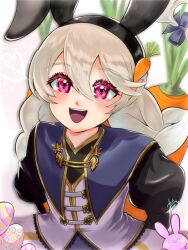  1girl animal_ears arms_behind_back braid carrot carrot_hair_ornament commentary_request easter_egg egg fake_animal_ears female_corrin_(fire_emblem) female_corrin_(young_kinship)_(fire_emblem) fire_emblem fire_emblem_fates fire_emblem_heroes food-themed_hair_ornament hair_between_eyes hair_ornament iwtb5572 juliet_sleeves long_hair long_sleeves looking_at_viewer official_alternate_costume open_mouth puffy_sleeves rabbit_ears red_eyes smile solo teeth twin_braids upper_teeth_only very_long_hair 