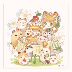  1girl :d animal animal_ears apple blonde_hair blunt_bangs blush braid braided_hair_rings cake commentary_request dress eating floral_background flower food fruit full_body green_dress green_eyes hair_rings hairband hamster hamster_ears hamster_girl highres lolita_hairband open_mouth original plate seed shirosaki_london smile solo standing sunflower_seed white_flower 