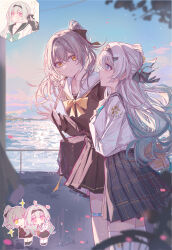  2girls alternate_costume alternate_hairstyle aqua_hair bag black_hairband bow bowtie chibi closed_mouth commentary firefly_(honkai:_star_rail) firefly_(spring_missive)_(honkai:_star_rail) floating_hair gradient_hair grey_hair grey_sailor_collar hair_between_eyes hair_ornament hairband hand_on_another's_head high_ponytail highres honkai:_star_rail honkai_(series) long_hair long_sleeves looking_at_another multicolored_hair multiple_girls multiple_views official_alternate_costume outdoors parted_lips ponytail sailor_collar school_bag shirt skirt smile stelle_(honkai:_star_rail) thigh-highs thigh_strap trailblazer_(honkai:_star_rail) untranslatable_commentary white_shirt white_thighhighs yajuu yellow_bow yellow_bowtie yellow_eyes zettai_ryouiki 