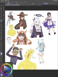  2boys 6+girls ahoge arona_(blue_archive) art_program_in_frame black_hair black_skirt blue_archive blue_eyes blue_hair blue_shirt character_counter_request character_request clip_studio_paint_(medium) commentary_request cosplay cropped_shirt crossed_arms demon_horns doodle_sensei_(blue_archive) hat highres hina_(blue_archive) horns jacket jacket_on_shoulders korean_commentary long_hair looking_at_viewer maid mashiro_(blue_archive) mashiro_(blue_archive)_(cosplay) medium_hair megumin multiple_boys multiple_girls open_clothes open_jacket pencil_skirt red_eyes sensei_(blue_archive) shirt short_hair skirt tjsh99 violet_eyes waving white_hair white_shirt witch_hat 