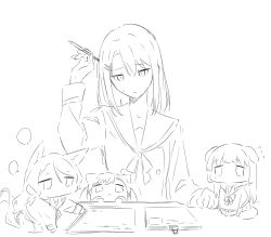  4girls :3 animal_ears bang_dream! bang_dream!_girls_band_party! cat_ears cat_girl cat_tail chibi dog_ears dog_girl dog_tail hair_between_eyes hair_ornament hand_up highres hikawa_sayo holding holding_pen ichigaya_arisa kanade_(kanade_3344) long_sleeves medium_hair multiple_girls okusawa_misaki parted_bangs pen sailor_collar shirokane_rinko simple_background tail white_background x_hair_ornament 