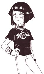  1girl audio_jack black_choker blunt_bangs boku_no_hero_academia bracelet choker commentary commission cowboy_shot denim english_commentary greyscale hand_on_own_hip inkerton-kun jeans jewelry jiro_kyoka light_frown long_earlobes looking_at_viewer monochrome multiple_bracelets pants print_shirt second-party_source shirt short_hair short_sleeves solo t-shirt 