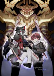  2boys aegiochusmon_dark appmon commentary demon_horns deusmon digimon digimon_(creature) digimon_story:_time_stranger digimon_universe:_appli_monsters goggles goggles_on_head grey_jacket highres horns jacket leviathan_(digimon) male_focus mrgniteanemone multiple_boys ozora_yujin red_eyes red_hair tagme yuuki_dan 