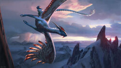  chase_stone claws clouds commentary dragon dragon_horns dragon_tail dragonlord_ojutai english_commentary feathered_dragon feathered_wings feathers flying high_up highres horns magic:_the_gathering monster monster_focus mountain mountainous_horizon no_humans official_art red_feathers red_wings rock snow sunset tail talons wings 