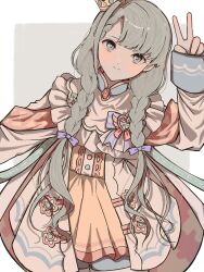  1girl absurdres bow braid braided_bangs closed_mouth commentary_request cowboy_shot crown dress grey_background grey_hair hand_up highres hisakawa_nagi idolmaster idolmaster_cinderella_girls long_hair long_sleeves looking_at_viewer low_twin_braids motibeeeee pink_dress purple_bow solo standing twin_braids v 