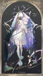  1girl :o absurdres aoseagrass arm_up asymmetrical_legwear blanket border chinese_commentary commentary_request copyright_notice dress full_body fur_footwear grey_background highres holding holding_lantern holding_wand lantern layered_dress leaning_forward long_hair looking_at_viewer mit3uri_(virtuareal) nijisanji official_art ornate_border purple_hair see-through_clothes see-through_dress short_sleeves single_sock single_thighhigh socks solo sparkle standing thigh-highs under_covers uneven_legwear very_long_hair violet_eyes virtual_youtuber virtuareal wand white_dress white_socks white_thighhighs 