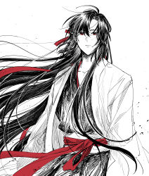  1boy absurdres ahoge black_hair black_hanfu chinese_clothes closed_mouth coat cowboy_shot floating_hair greyscale hair_between_eyes hair_down hair_ribbon half_updo hanfu highres korean_commentary long_hair long_sleeves looking_at_viewer male_focus melmerry modao_zushi monochrome official_alternate_costume official_alternate_hairstyle open_clothes open_coat parted_lips red_eyes red_ribbon red_sash ribbon robe sash simple_background solo spot_color upper_body very_long_hair wei_wuxian wei_wuxian_(yiling_laozu) white_background wide_sleeves wind 