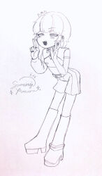  1girl anklet artist_name belt blush boots commentary_request crop_top crown double_v earrings elbow_gloves fang full_body gloves graphite_(medium) indie_virtual_youtuber jewelry knee_boots leaning_forward long_sleeves looking_at_viewer monochrome narrowed_eyes open_mouth shorts signature single_glove single_sleeve sketch solo sumeragi_yuzuru sumeragi_yuzuru_(artist) traditional_media v virtual_youtuber 