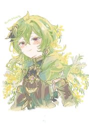  1girl ahoge artist_name blush brown_dress brown_sleeves cape closed_mouth collei_(genshin_impact) crossed_bangs detached_sleeves dress earrings floating_hair flower gem genshin_impact gold_trim green_cape green_dress green_hair hair_between_eyes hair_ornament headpiece highres jewelry leaf long_sleeves looking_at_viewer medium_hair ottottouta purple_gem simple_background sleeveless sleeveless_dress smile solo tassel two-tone_dress upper_body violet_eyes wavy_hair white_background wide_sleeves yellow_flower 