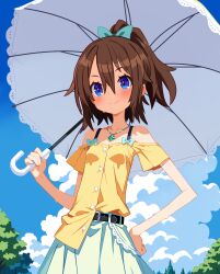  1girl bare_shoulders blue_eyes blue_sky blush breasts brown_hair clouds commentary_request cumulonimbus_cloud highres holding holding_umbrella jewelry looking_at_viewer necklace o32_(omitsu) original ponytail skirt sky small_breasts smile solo sunlight sweat umbrella 