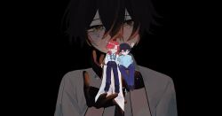  3boys 70g_(xx_kb) armband black_hair black_shoes blood blood_on_face blue_jacket blue_pants blue_shirt blue_sweater closed_eyes coat collared_shirt commentary crying dress_shirt grey_armband highres holding holding_mini_person hyoutenka_30-do_no_zetsubou jacket kobayashi_luca kuchinashi_dabi mini_person miniboy multiple_boys pants red_hair sad_smile shirt shoes sitting sparkle sweater tears tonimura_yui untranslatable_commentary white_coat yellow_eyes 
