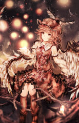  1girl abstract_background ankle_boots arm_support bird_girl bird_wings black_boots black_socks boots breasts brown_dress brown_hair brown_hat closed_mouth commentary_request dress feathered_wings frilled_dress frills full_body hand_up hat highres kneehighs lantern light_particles long_sleeves looking_at_object medium_breasts medium_dress medium_hair mystia_lorelei red_eyes sepia sitting sitting_on_branch smile socks solo tonan_(l0l0l0l0l0l) touhou white_sleeves white_wings wings 