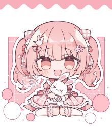  1girl :d blunt_bangs blush border chibi chibi_only commentary_request commission dress frilled_dress frilled_sleeves frills full_body grid_background hair_ornament holding holding_stuffed_toy indie_virtual_youtuber kneehighs kohanai_momomi long_hair looking_at_viewer no_shoes open_mouth outline outside_border pink_background pink_dress pink_eyes pink_hair rabbit_hair_ornament ringouulu short_sleeves sitting skeb_commission smile socks solo stuffed_animal stuffed_rabbit stuffed_toy twintails twitter_username virtual_youtuber wariza white_border white_outline white_socks 