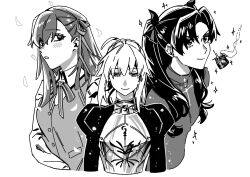  3girls armor artoria_pendragon_(fate) closed_mouth commentary cropped_torso english_commentary falling_petals fate/stay_night fate_(series) gem glint greyscale hair_ribbon highres homurabara_academy_school_uniform juliet_sleeves long_hair long_sleeves matou_sakura medium_hair monochrome multiple_girls neck_ribbon parted_lips petals puffy_sleeves ribbon saber_(fate) school_uniform seilidare short_hair smile sparkle tohsaka_rin twintails upper_body vest wing_collar 