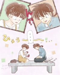  ... 1boy 1girl box braid brown_hair brown_shoes commentary_request dress grey_pants grey_shoes highres holding holding_box open_mouth pants ranma_1/2 saotome_ranma shii_rumic shoes short_hair signature single_braid smile tendou_akane wide-eyed yellow_dress 