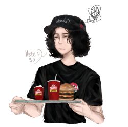  1boy bare_arms baseball_cap black_eyes black_hat black_shirt burger can clenched_teeth clothes_writing commentary_request cropped_torso cup curly_hair disposable_cup drink_can drinking_straw english_text fast_food food hands_up hat holding holding_tray looking_ahead male_focus real_life salvador_ramos shirt sideways_glance simple_background sketch soda_can solo speech_bubble squiggle t-shirt teeth tray true_crime user_axyk3548 wendy's wendy_(wendy's) white_background 