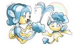  :3 artist_name artsy-theo closed_eyes commentary evolutionary_line full_body open_mouth panpour pokemon pokemon_(creature) pokemon_focus rainbow simipour simple_background smile water white_background 