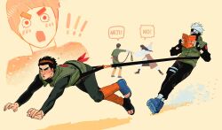  4boys absurdres asymmetrical_footwear black_gloves black_hair black_headband black_mask black_pants black_shirt black_shoes blue_shoes blunt_bangs blush bodysuit book bowl_cut commentary_request fingerless_gloves flak_jacket full_body furrowed_brow gloves green_bodysuit green_vest grey_hair hatake_kakashi headband headband_over_one_eye highres holding holding_book hyuuga_neji inline_skates intelli_intel jacket konohagakure_shinobi_uniform konohagakure_symbol korean_commentary leg_warmers long_hair low-tied_long_hair male_focus mask might_guy mismatched_footwear mouth_mask multiple_boys naruto_(series) naruto_shippuuden open-toe_shoes open_mouth orange_leg_warmers pants parted_lips reading rock_lee roller_skates shirt shoes short_hair skates spiky_hair thick_eyebrows vest yellow_background 