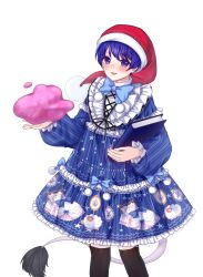  1girl alternate_costume black_thighhighs blob blue_bow blue_bowtie blue_dress blue_eyes blue_hair blush book bow bowtie clothes_writing doremy_sweet dream_soul dress frilled_dress frills hat highres holding holding_book lace-trimmed_dress lace_trim long_sleeves looking_at_viewer mochigumo nightcap open_mouth pom_pom_(clothes) print_dress puffy_long_sleeves puffy_sleeves red_hat roman_numeral sheep_print short_hair simple_background smile solo star_(symbol) star_print tail tapir_tail thigh-highs touhou white_background 