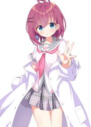  1girl antenna_hair arimura_romi blue_eyes blush coat coat_partially_removed commentary cowboy_shot cube_earrings earrings einstein_yori_ai_wo_komete eyes_visible_through_hair grey_sailor_collar grey_skirt hair_between_eyes hair_ornament hairclip hand_up highres jewelry lab_coat long_sleeves looking_at_viewer medium_hair miniskirt neckerchief open_clothes open_coat open_mouth parallel_hairclips pink_neckerchief plaid_clothes plaid_skirt pleated_skirt reaching reaching_towards_viewer red_hair sailor_collar school_uniform serafuku shirt simple_background single_earring skirt solo white_background white_coat white_shirt wistar1as 