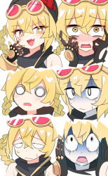  1girl beanie blank_eyes blonde_hair blush braid braided_hair_rings commentary_request e.o. fang genshin_impact goggles goggles_on_head hair_rings hat highres jahoda_(genshin_impact) multiple_expressions nervous_sweating scared skin_fang star-shaped_pupils star_(symbol) sweat symbol-shaped_pupils turn_pale yellow_eyes 