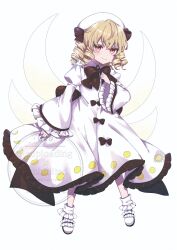  1girl blonde_hair bow bowtie brown_bow brown_bowtie closed_mouth commentary_request dress drill_hair fairy fairy_wings frilled_sleeves frills full_body hat highres long_hair long_sleeves looking_at_viewer luna_child mi_kamii2 red_eyes shoes smile socks solo touhou watermark white_dress white_shoes white_socks wide_sleeves wings 