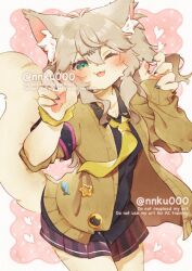  1girl :3 animal_ear_fluff animal_ears black_shirt blonde_hair body_fur brown_sweater cardigan cat_ears cat_girl cat_tail claws cowboy_shot dokkun0818 furrification furry furry_female green_eyes gyaru hair_between_eyes hair_ornament hairclip hands_up heart kasukabe_tsumugi long_hair long_sleeves necktie one_eye_closed open_cardigan open_clothes patterned_background pawpads pleated_skirt shirt skirt sweater tail tongue voicevox wristband yellow_necktie 