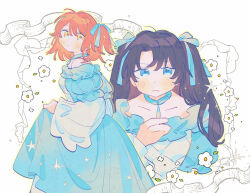  1boy 1girl black_hair blue_dress blue_eyes blue_ribbon commentary crossdressing crossdressing_(mtf) dress fate/grand_order fate_(series) fujimaru_ritsuka_(female) fujimaru_ritsuka_(female)_(roxane) fujimaru_ritsuka_(male) fujimaru_ritsuka_(male)_(roxane) gown hair_ribbon looking_at_viewer off-shoulder_dress off_shoulder official_alternate_costume one_side_up oneroom-disco orange_eyes orange_hair pendant_choker puff_and_slash_sleeves puffy_sleeves ribbon two_side_up untranslatable_commentary 