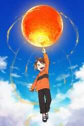  1boy ai-assisted black_pants black_shoes blue_sky braker_(kuku88) brown_hair child clouds colokhan commentary energy energy_ball english_commentary floating flying full_body gradient_hair highres levitation long_sleeves looking_at_viewer male_focus multicolored_hair open_mouth orange_eyes orange_shirt original pants pointing pointing_up powerpuff_girls shirt shoes sky smile solo white_shoes 