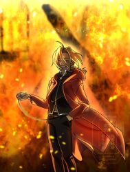  1boy ahoge belt_buckle black_jacket black_pants blonde_hair braid buckle closed_eyes coat commentary cowboy_shot edward_elric english_text fiery_background fire fullmetal_alchemist gloves grin hair_between_eyes hand_in_pocket highres holding holding_pocket_watch jacket long_hair male_focus military_uniform okbdko123 pants parted_bangs pocket_watch red_coat single_braid smile solo standing teeth untranslatable_commentary watch white_gloves zipper_pull_tab 