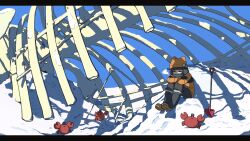  1girl beanie black_boots black_mittens black_pants blue_sky bone boots closed_eyes crab crossed_arms day earmuffs footprints hat highres jacket letterboxed mittens orange_hat orange_jacket original outdoors pants pusen_(puuu_sen555) ribs shadow shovel sitting sky snow snow_shovel snowman solo 