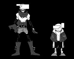 2018 2boys 2d armor black_background black_shorts boots brothers cape commentary digital_media duo english_commentary full_body glitch gloves greyscale hand_on_own_hip hands_in_pockets height_difference hood hood_down hooded_jacket humanoid jacket legs_apart male male_focus male_only monochrome monster monster_boy multiple_boys open_clothes open_jacket papyrus_(undertale) sans_(undertale) shirt shorts siblings side-by-side simple_background single_vertical_stripe skeleton slippers socks spoilers standing striped_shorts teeth undead undertale utdr_(toby_fox) veah3 vertical-striped_clothes vertical-striped_shorts white_armor white_shirt white_socks white_stripes 