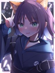  1girl absurdres animal_ears black_choker black_hair blue_hair blue_hoodie blue_kimono border cho_kaguya-hime! choker colored_inner_hair commentary fang fox_ears fox_girl fox_shadow_puppet green_eyes highres hood hood_down hoodie japanese_clothes kimono looking_at_viewer medium_hair multicolored_hair open_mouth outside_border retumaru_berry24 sakayori_iroha skin_fang solo white_border 