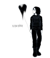  1boy ankle_boots arms_at_sides balloon boots bulletproof_vest closed_mouth commentary_request curly_hair dated empty_eyes full_body greyscale heart heart_balloon high_contrast highres jitome knees_apart_feet_together long_sleeves looking_at_object male_focus monochrome no_pupils pants profile real_life salvador_ramos shirt short_hair simple_background sketch solo standing true_crime turning_head user_axyk3548 white_background 