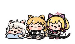  ._. 3girls :3 :p afei_(sfma3248) ahoge animal_ear_fluff animal_ear_headphones animal_ears blonde_hair blue_archive blush_stickers cat_ear_headphones cat_ears cat_girl cat_tail chibi chibi_only closed_eyes fake_animal_ears fake_tail girls_frontline hair_ornament hairclip halo headphones highres idw_(girls'_frontline) jacket kommy_(trickcal) long_hair low-tied_sidelocks lying momoi_(blue_archive) multiple_girls necktie on_stomach open_clothes open_jacket pillow pink_halo shirt short_sleeves sidelocks simple_background tail tongue tongue_out trickcal white_background white_hair white_shirt 