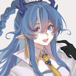  1girl :d arknights black_gloves blue_eyes blue_hair blue_horns braid collar collared_jacket commentary_request detached_collar double-parted_bangs dragon_horns earrings gloves hair_between_eyes hand_up highres horns jacket jewelry ling_(arknights) long_hair looking_at_viewer multicolored_hair necktie open_mouth over3ea pointing pointing_at_self pointy_ears portrait procreate_(medium) smile solo streaked_hair white_collar white_jacket white_streaks yellow_necktie 