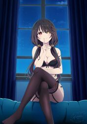  absurdres bed black_bra black_hair black_pants bra brown_hair clock_eyes crossed_legs curtains date_a_live highres lingerie night non-web_source pants red_eyes sitting smile spleeny symbol-shaped_pupils thigh-highs thigh_strap tokisaki_kurumi twintails underwear window 