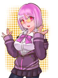  1girl \||/ absurdres black_pantyhose bow bowtie breasts collared_shirt commentary dress_shirt glasses gridman_universe highres jacket large_breasts long_sleeves looking_at_viewer ninestar off_shoulder open_mouth pantyhose pink_bow pink_bowtie pink_hair purple_jacket purple_skirt red_eyes shinjou_akane shirt skirt sleeves_past_wrists smile solo ssss.gridman tinted_eyewear white_shirt yellow-tinted_eyewear 