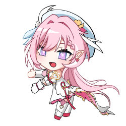  1girl absurdres beret bunmk08 chibi chibi_only commentary diamond-shaped_pupils diamond_(shape) dress earrings elf elysia_(hi_love_elf)_(honkai_impact) elysia_(honkai_impact) hat heart heart_earrings highres honkai_(series) honkai_impact_3rd jewelry long_hair looking_at_viewer open_mouth pink_hair pointy_ears simple_background solo symbol-shaped_pupils thigh-highs very_long_hair violet_eyes white_background white_dress white_thighhighs 