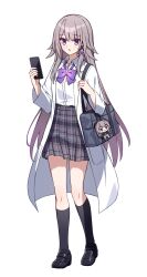  1girl alternate_costume bag black_shoes black_socks bow bowtie brown_hair cellphone character_charm charm_(object) coat collared_shirt commentary_request full_body herta_(honkai:_star_rail) herta_(puppet)_(honkai:_star_rail) highres holding holding_phone honkai:_star_rail honkai_(series) kneehighs loafers long_hair long_sleeves looking_at_viewer open_clothes open_coat parted_lips phone purple_bow purple_bowtie school_bag school_uniform shirt shoes simple_background skirt smartphone socks solo standing t@ke-g the_herta_(honkai:_star_rail) very_long_hair violet_eyes white_background white_coat white_shirt 