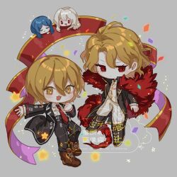  2girls :d badge bari_(project_moon) black_coat black_pants blonde_hair bright_pupils brown_shoes button_badge chibi chibi_inset chibi_only closed_mouth coat commentary confetti curtained_hair don_quixote_(project_moon) double-parted_bangs dual_persona ee_extension_02 feather_boa fold-over_boots gold_trim grey_background hair_between_eyes highres la_manchaland's_don_quixote_(project_moon) limbus_company long_sleeves multiple_girls necktie open_clothes open_coat open_mouth pants parted_bangs project_moon red_eyes red_necktie ribbon sancho_(project_moon) shirt shoes short_hair smile untranslatable_commentary white_pants white_pupils white_shirt yellow_eyes 