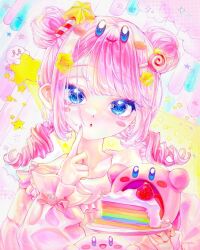 1girl artist_request blue_eyes blush_stickers braid cake character_request check_character check_copyright commentary_request copyright_request food highres holding kirby kirby_(series) looking_at_viewer multiple_persona non-web_source open_mouth pink_hair short_hair simple_background source_request 