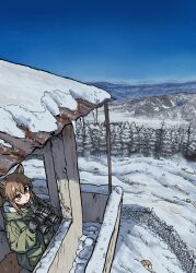  1girl absurdres animal animal_ears binoculars black_gloves brown_eyes brown_hair fox fox_ears fox_girl fox_tail gloves green_jacket highres holding holding_binoculars jacket long_hair long_sleeves lookout_platform mountain original ponytail scenery snow solo tail tree winter yihan_world 