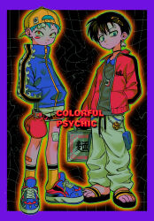  2boys absurdres backwards_hat baseball_cap black_hair blue_eyes blue_hair blue_jacket blue_shoes blush_stickers boxing_gloves closed_mouth commentary_request earrings eyebrow_piercing face_piercing flip-flops hand_in_pocket hands_in_pockets hat heart heart_earrings highres jacket jewelry male_focus menma_(enaic31) multiple_boys open_clothes open_jacket orange_eyes original piercing red_eyes red_jacket sandals shoes short_hair shorts single_blush_sticker socks translation_request white_shorts yellow_hat yellow_socks zipper zipper_pull_tab 