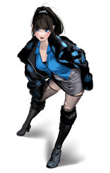  1girl absurdres black_boots black_hair blue_eyes blue_shirt blush boots breasts coat collared_shirt commentary english_commentary fur_coat grey_skirt hair_ornament hair_scrunchie high_heel_boots high_heels highres kanata_rana knee_boots leaning_forward open_mouth original scrunchie shirt simple_background skirt smile solo spotted_coat thigh-highs torn_clothes torn_thighhighs white_background 