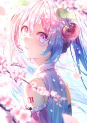  1girl arm_tattoo blue_hair blurry cherry_blossoms cherry_hair_ornament collared_shirt commentary_request depth_of_field detached_sleeves food-themed_hair_ornament gradient_eyes gradient_hair hair_between_eyes hair_ornament hatsune_miku headset kuro015896 looking_at_viewer miku_day multicolored_eyes multicolored_hair number_tattoo pink_eyes pink_hair pink_sleeves sakura_miku shirt solo tattoo transformation twintails twitter_username vocaloid white_shirt yuki_miku yuki_miku_(2010) 