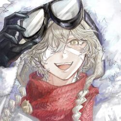  1boy bandage_over_one_eye black_gloves blonde_hair close-up coat commentary fangs florian_brand fur-trimmed_coat fur_trim gloves goggles hair_over_one_eye hand_up hat highres holding holding_goggles identity_v long_sleeves looking_at_viewer male_focus nt72_3kan open_mouth portrait red_scarf scarf short_hair smile solo teeth untranslatable_commentary upper_teeth_only white_coat yellow_eyes yellow_hat 