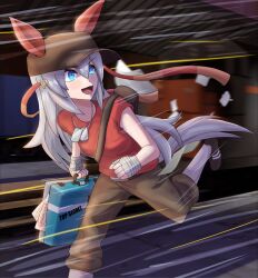  1girl :d animal_ears backpack bag baseball_cap blue_eyes blurry blurry_background briefcase cargo_pants cosplay dog_tags english_text grey_hair hat horse_ears horse_girl open_mouth pants paper red_shirt running scout_(tf2) scout_(tf2)_(cosplay) shirt shoes short_sleeves smile sneakers tail tamamo_cross_(umamusume) team_fortress_2 train umamusume zursser 
